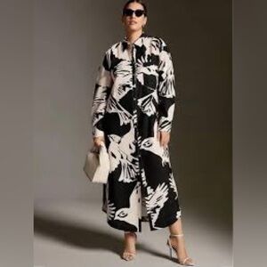 Anthropologie Maeve The Soren Black and White Bird Print 3X Midi Shirt Dress